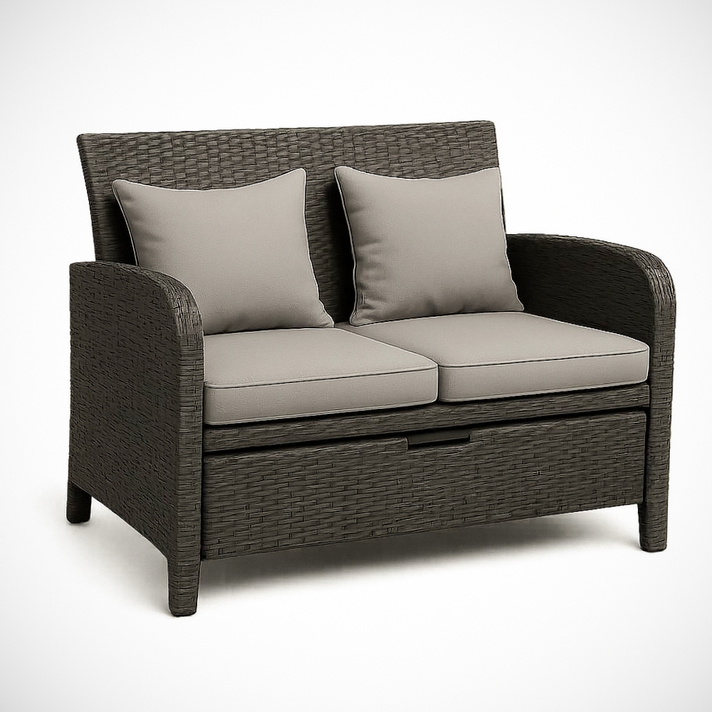 Canapé 2 Places en Résine Tressée avec Coussins Gris Taupe, 128cm x 72cm x 80cm