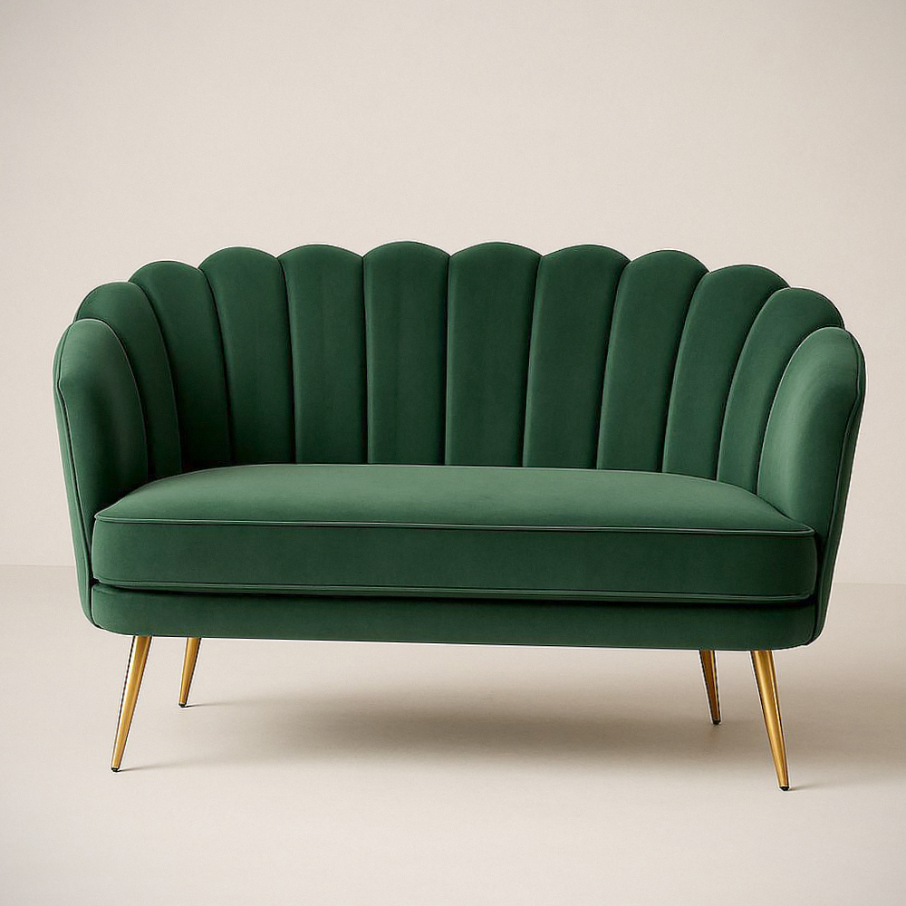 Canapé 2 places en velours vert pieds en métal doré
