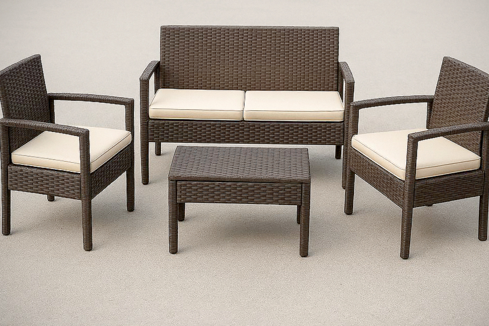 Ensemble de Salon de Jardin 4 Pièces Résine Tressée Marron avec Coussins Beiges