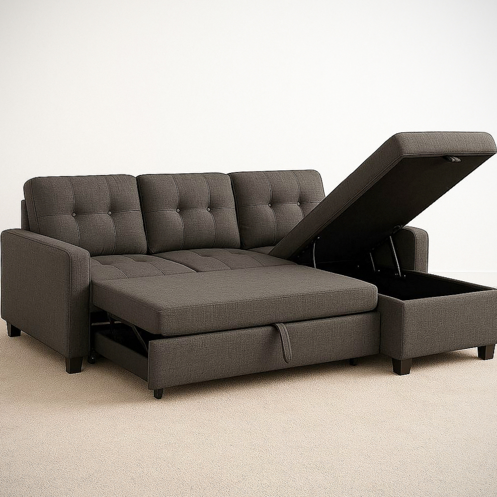 Canapé-lit convertible tissu polyester gris avec rangement 3 places