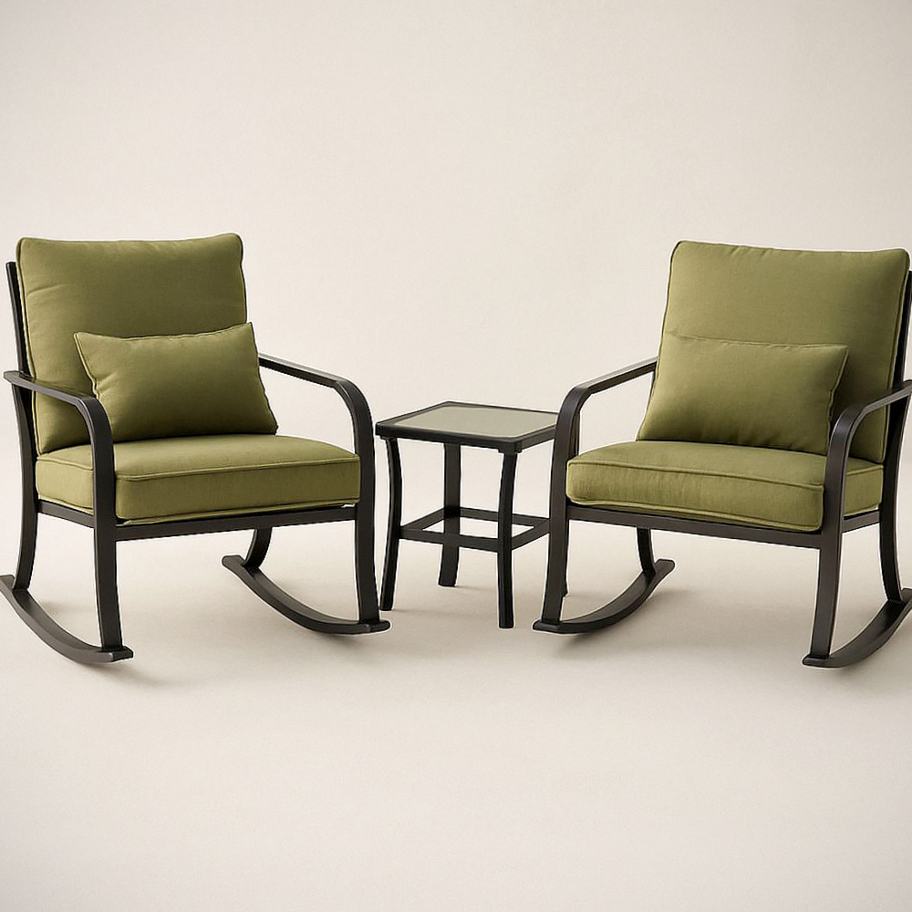 Ensemble de chaises à bascule 3 pièces avec table en aluminium et coussins en polyester vert/Noir