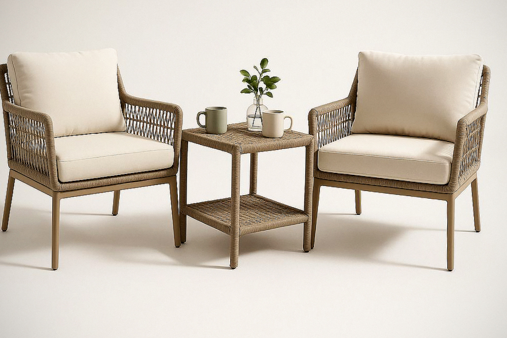 Ensemble 3 pièces de fauteuils et table en résine tressée beige pour extérieur