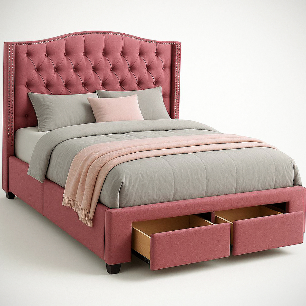 Lit Coffre Double Dossier Matelassé Polyester Rose avec Tiroirs 200x160x120 cm