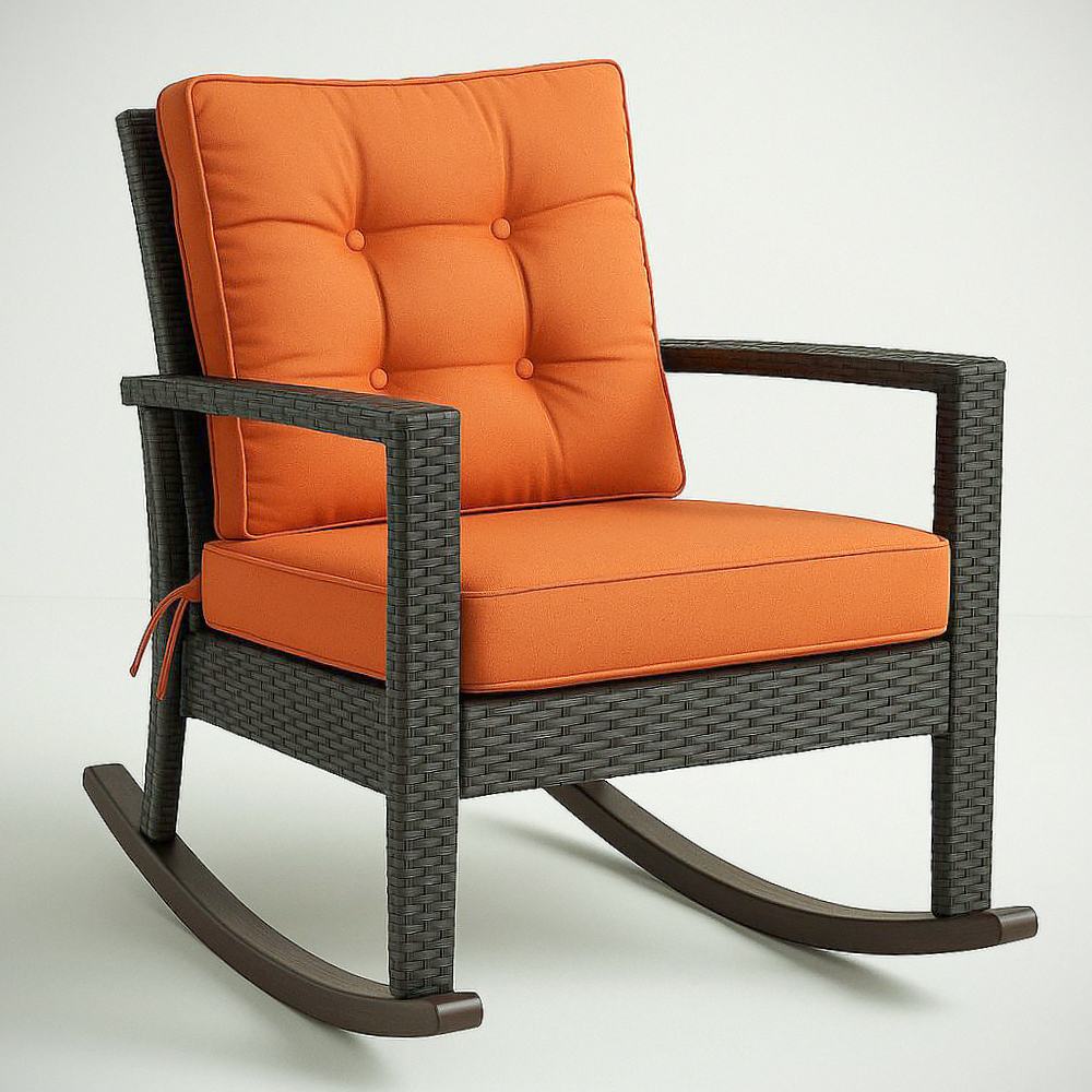 Fauteuil à bascule en rotin synthétique avec coussins en polyester orange, 100x70x90 cm