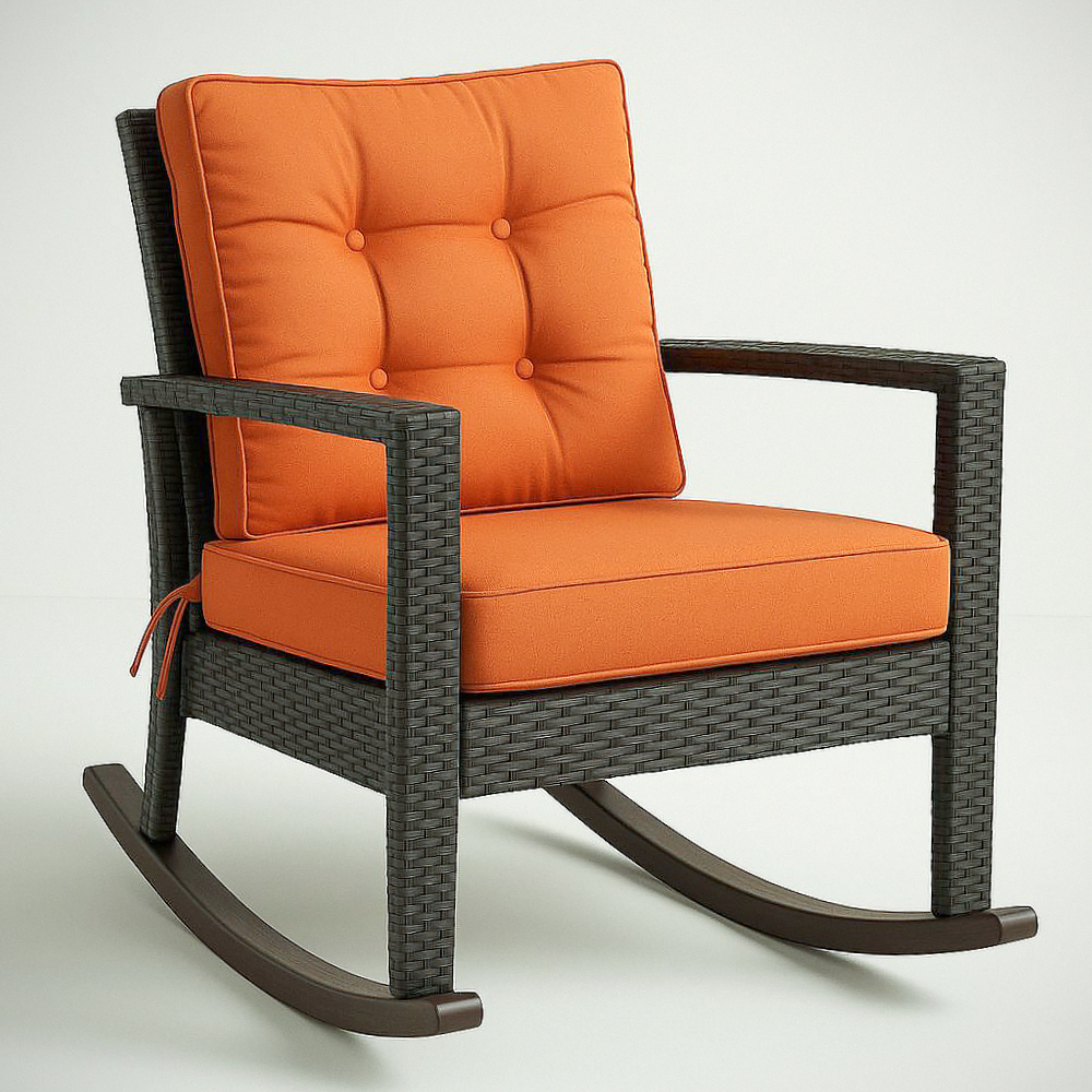 Fauteuil à bascule en rotin synthétique avec coussins en polyester orange, 100x70x90 cm