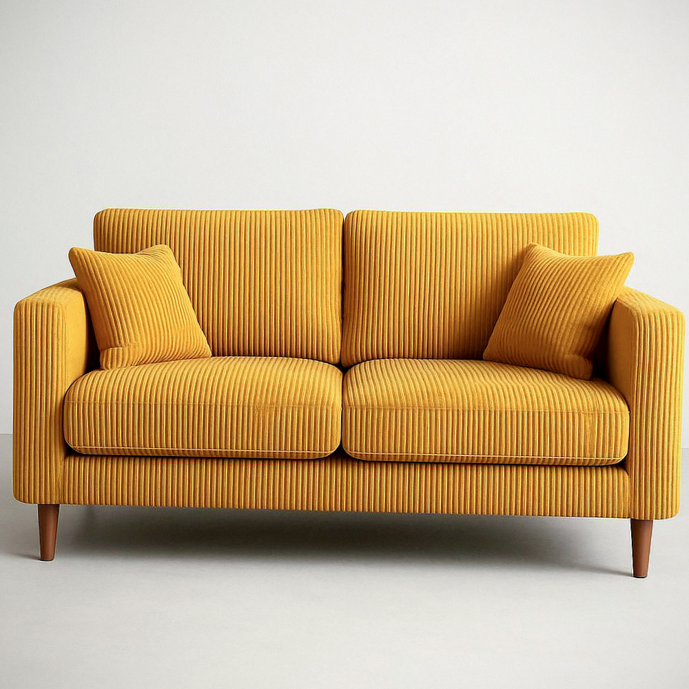 Canapé 2 Places en Velours Côtelé Jaune avec Pieds en Bois