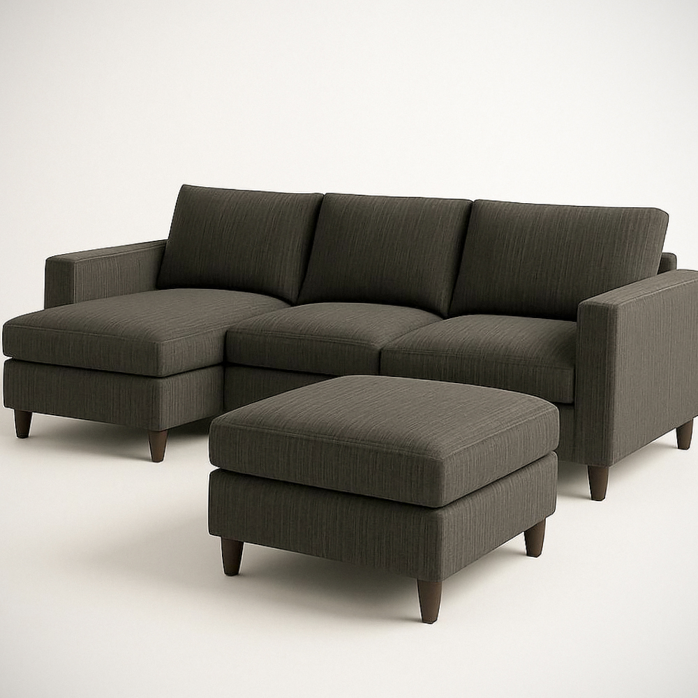 Canapé d'angle en tissu polyester gris foncé avec ottoman et pieds en bois 230cm x 150cm x 85cm