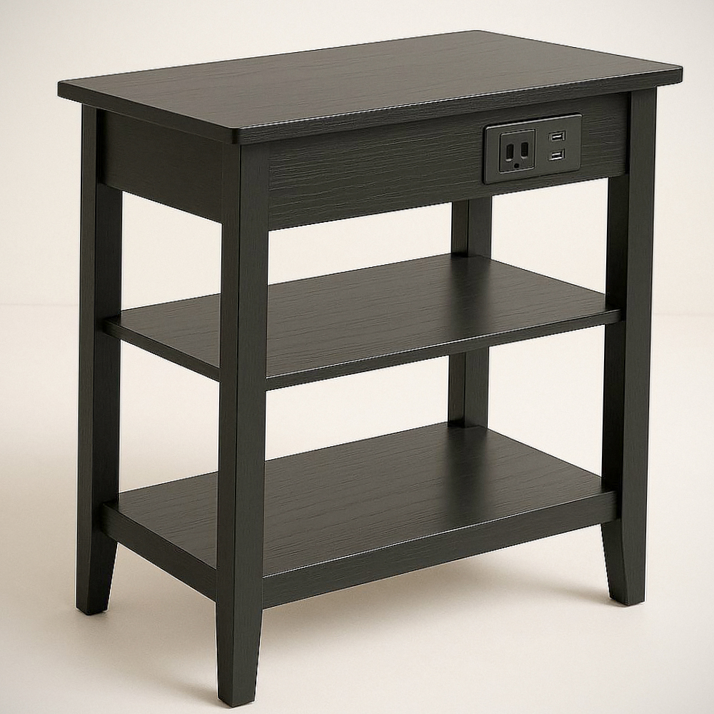 Table d'appoint rectangulaire noire en bois avec prise intégrée et ports USB, 60x30x60 cm