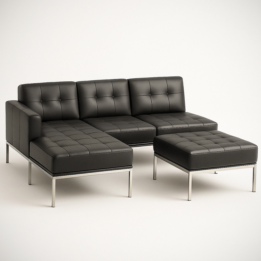 Canapé d'angle modulable 4 pièces en cuir PU Noir avec structure en acier inoxydable, 260 cm x 160 cm x 80 cm