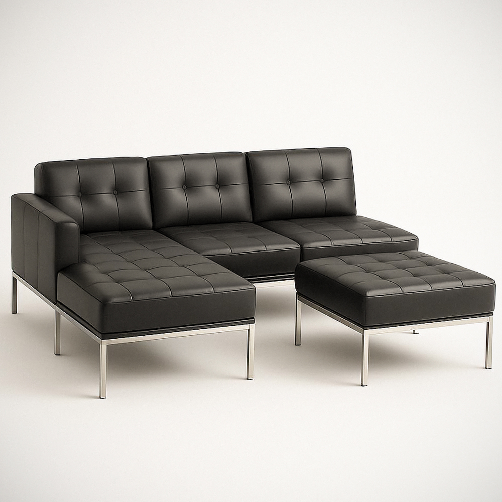 Canapé d'angle modulable 4 pièces en cuir PU Noir avec structure en acier inoxydable, 260 cm x 160 cm x 80 cm