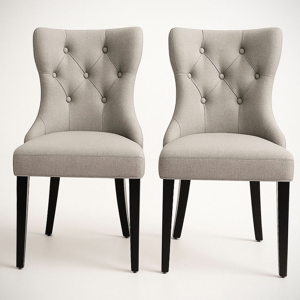 Lot de 2 chaises en tissu polyester gris clair avec pieds en bois noir, design capitonné