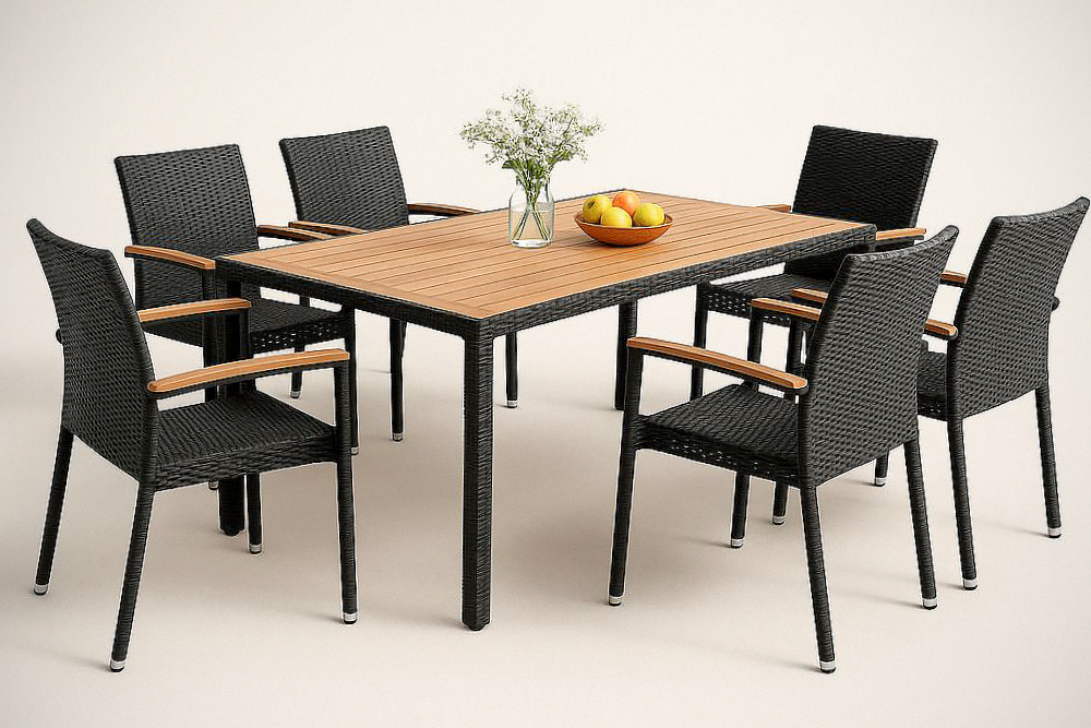 Ensemble de Salle à Manger Extérieur 7 Pièces en Rotin et Acacia - Noir/Marron - Table Rectangulaire 150x90x75 cm et Chaises 55x60x90 cm