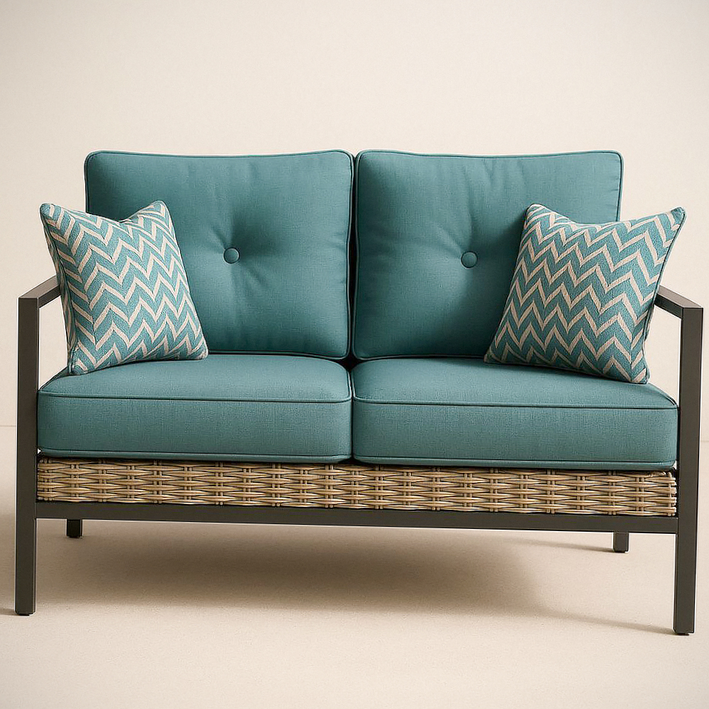 Canapé 2 Places en Acier/Textilène Bleu avec Coussins à Motifs