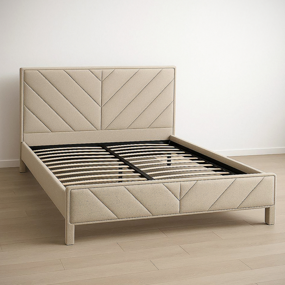 Cadre de Lit Double avec Tête de Lit Matelassée en Polyester Beige Longueur : 210 cm  Largeur : 170 cm Hauteur : 110 cm