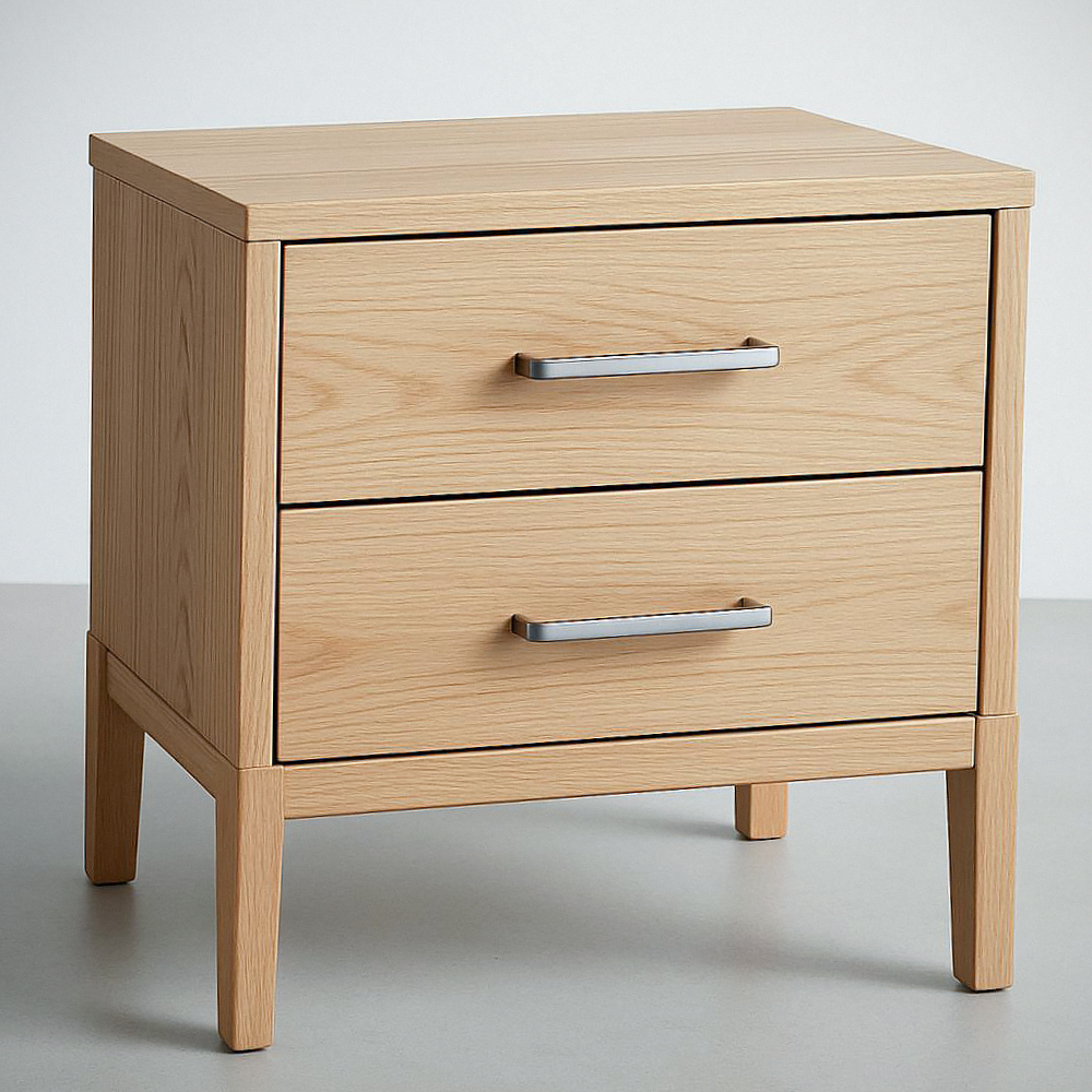 Table de Nuit en Bois Massif avec Tiroirs Métal Poignée Naturel 50cm x 40cm x 55cm