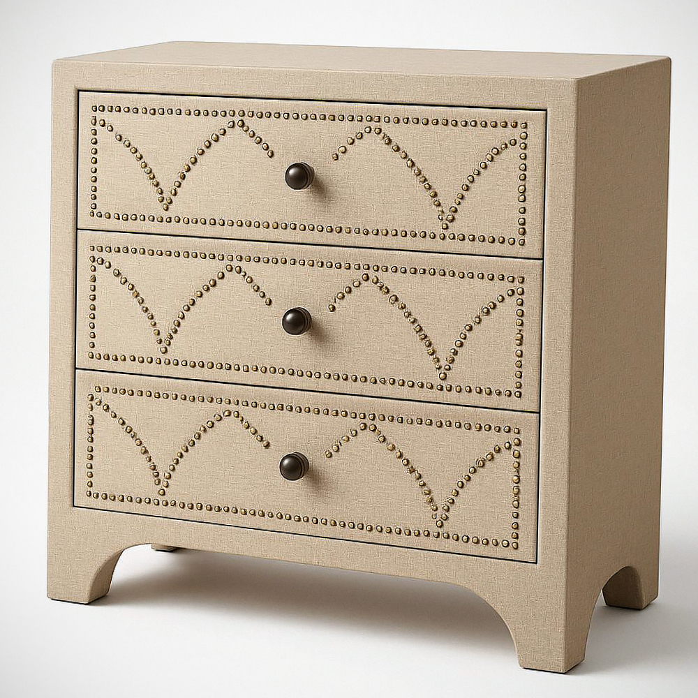 Commode en Bois Revêtu Lin Beige Trois Tiroirs