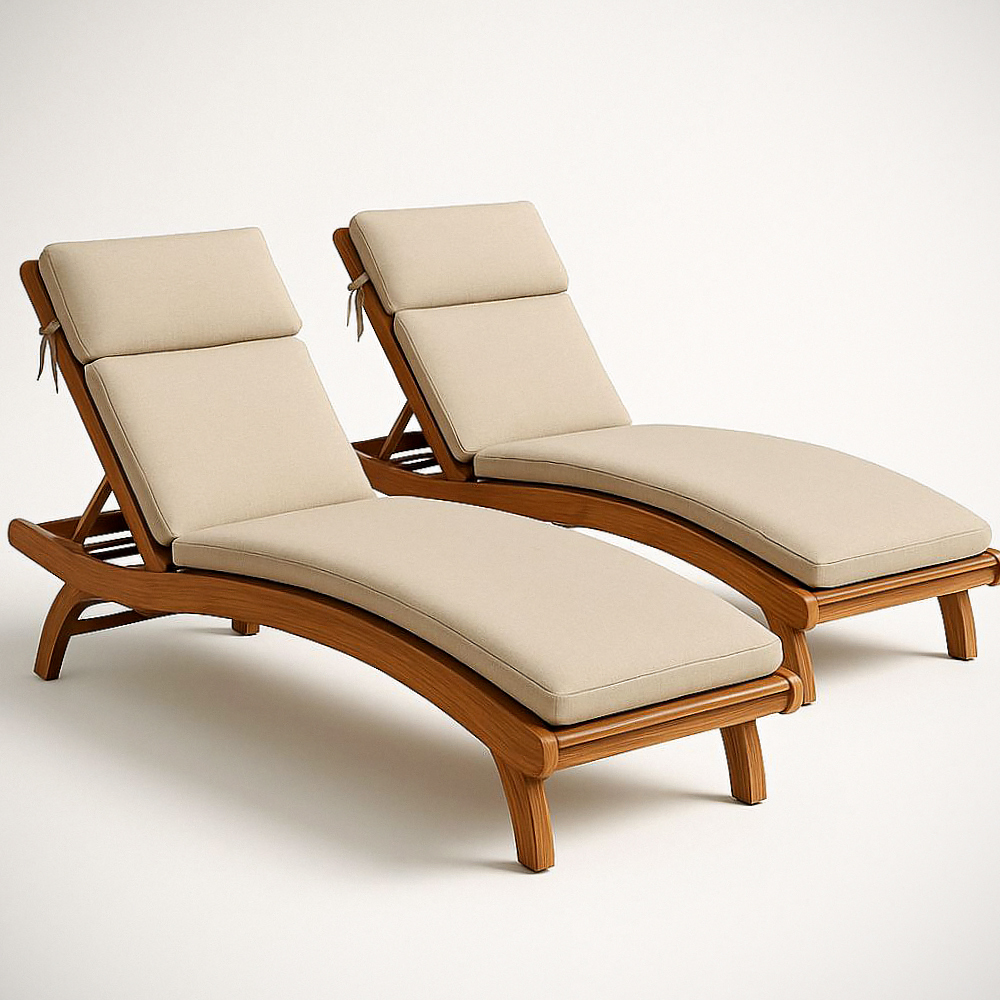 Lot de 2 Chaises Longues en Bois Courbé avec Coussin Crème