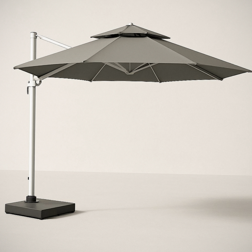Parasol de Jardin Déporté Rond 3m Polyester Gris/Structure Aluminium Blanc