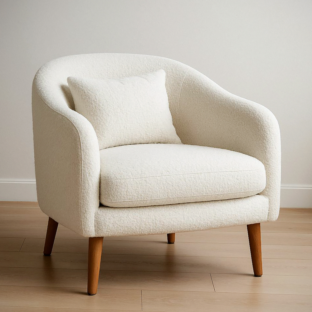 Fauteuil en Bouclé Blanc avec Coussin Dossier et Pieds Bois 72x75x82 cm