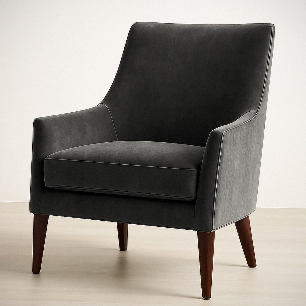 Fauteuil d'appoint en tissu polyester gris foncé avec pieds en bois, Dimensions 95x75x80 cm