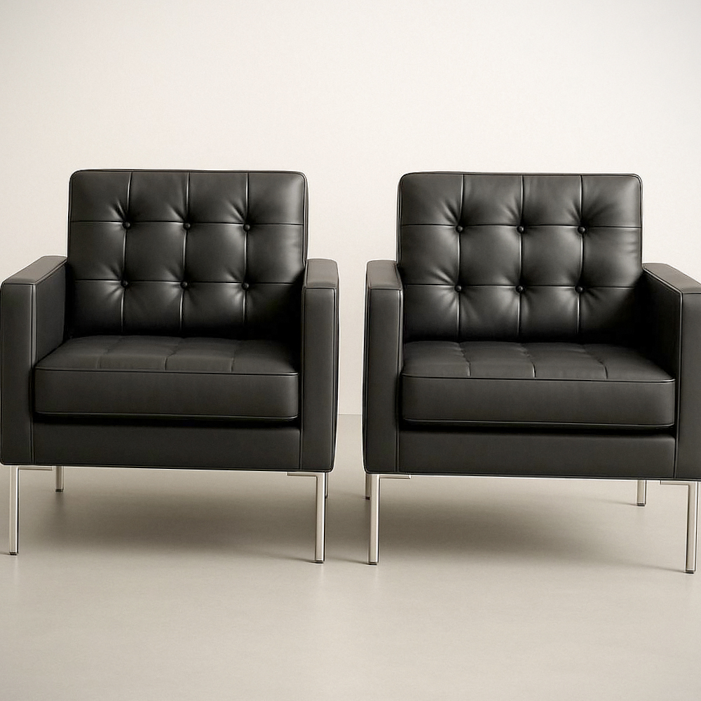 Ensemble de 2 fauteuils lounge en simili cuir noir à pieds en acier inoxydable
