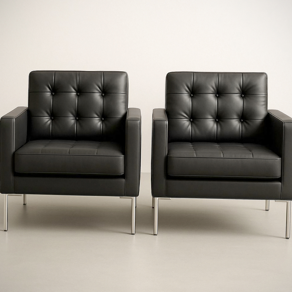 Ensemble de 2 fauteuils lounge en simili cuir noir à pieds en acier inoxydable
