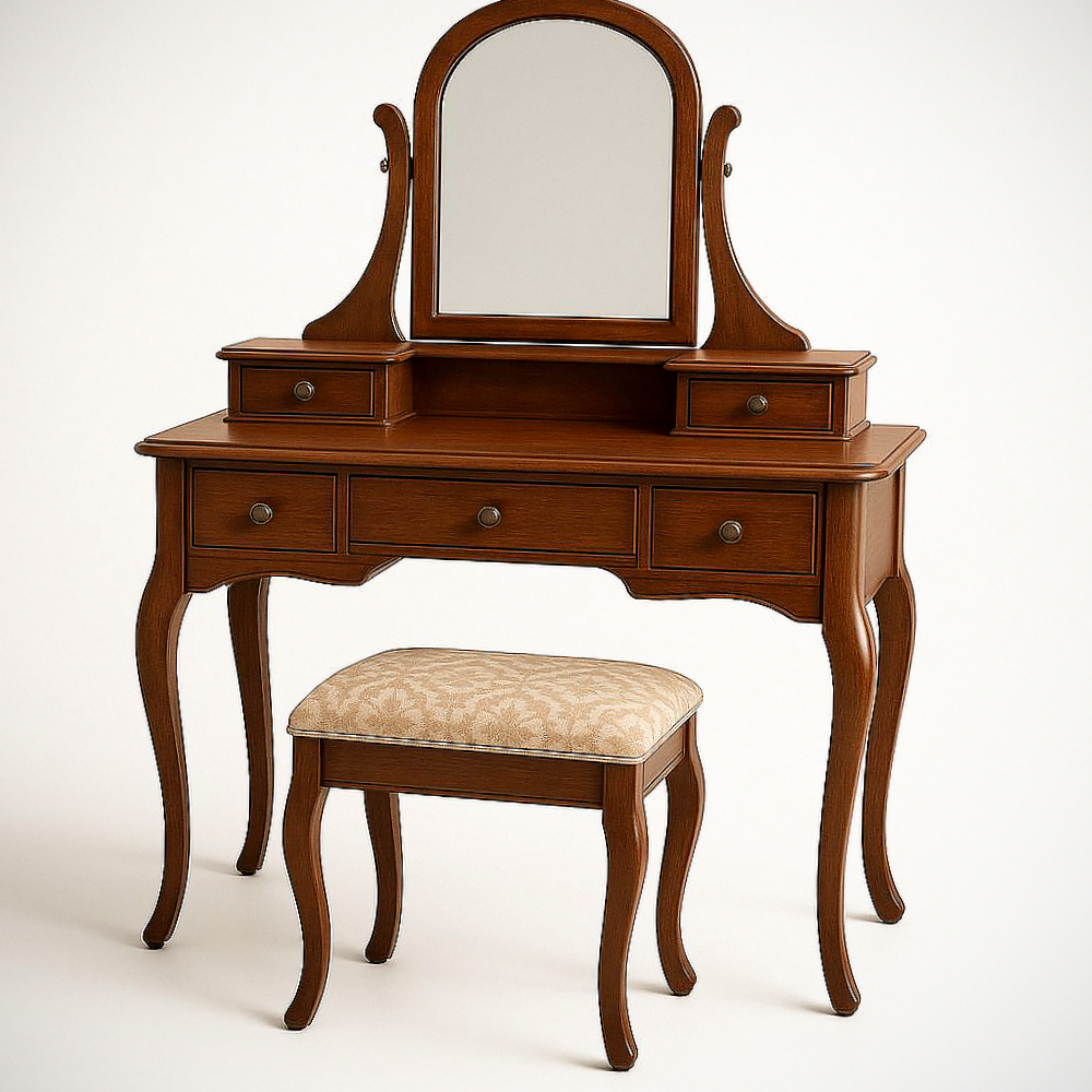 Coiffeuse avec miroir et tabouret 5 tiroirs Bois Marron