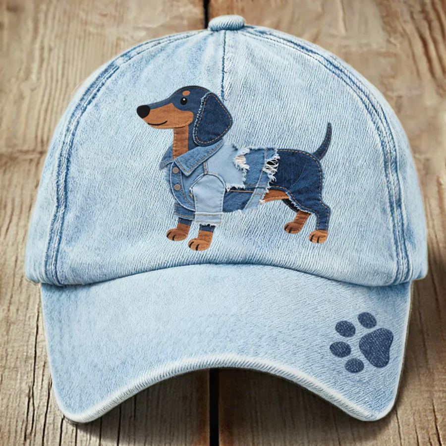 Unisex Denim Patchwork Dachshund Dog Pattern Hat