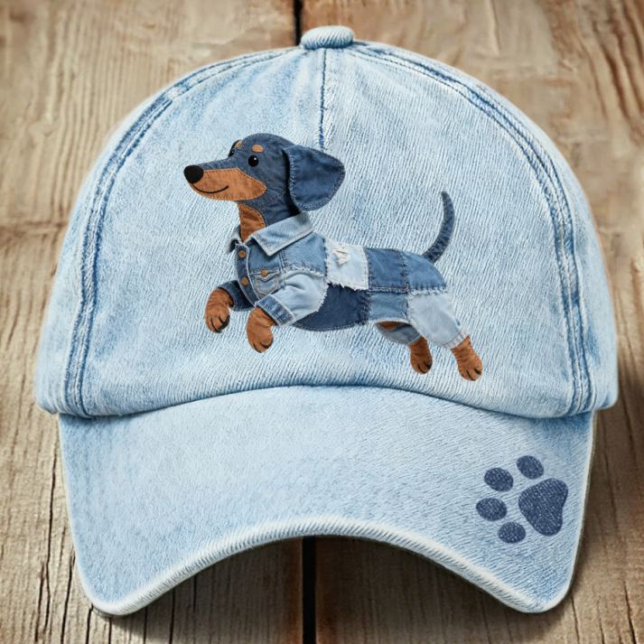 Unisex Denim Patchwork Dachshund Dog Pattern Hat