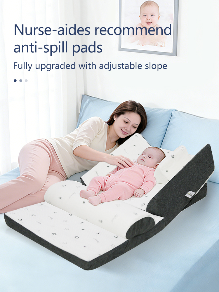 Baby anti-spillage inclined pad, infant anti-spillage side-sleeping and lying-feeding device, breastfeeding pillow, bed-in-bed, and spinal protection bed