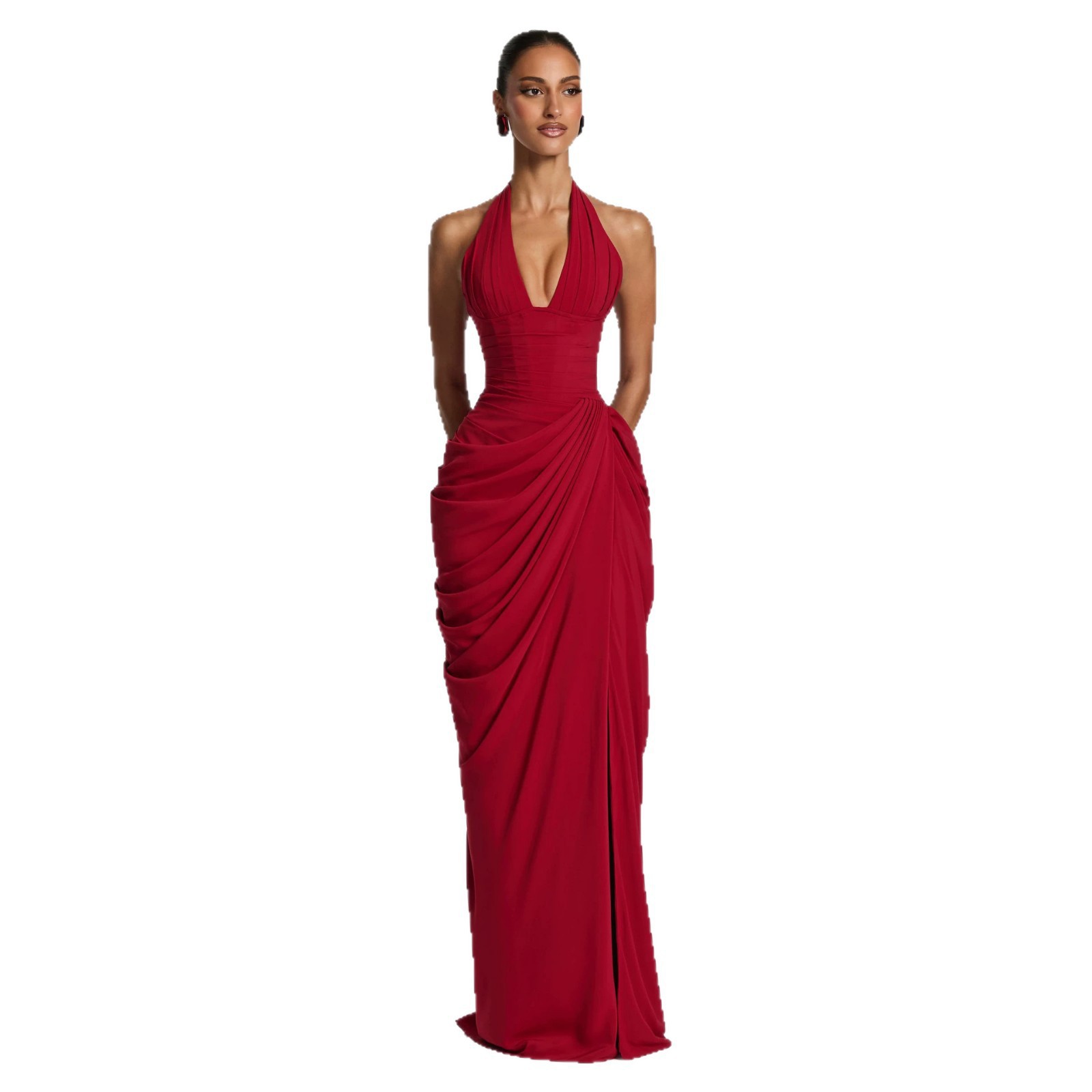 Summer Sexy Halter V Neck Dress, Front Vertical & Diagonal Pleats Elegant Dress