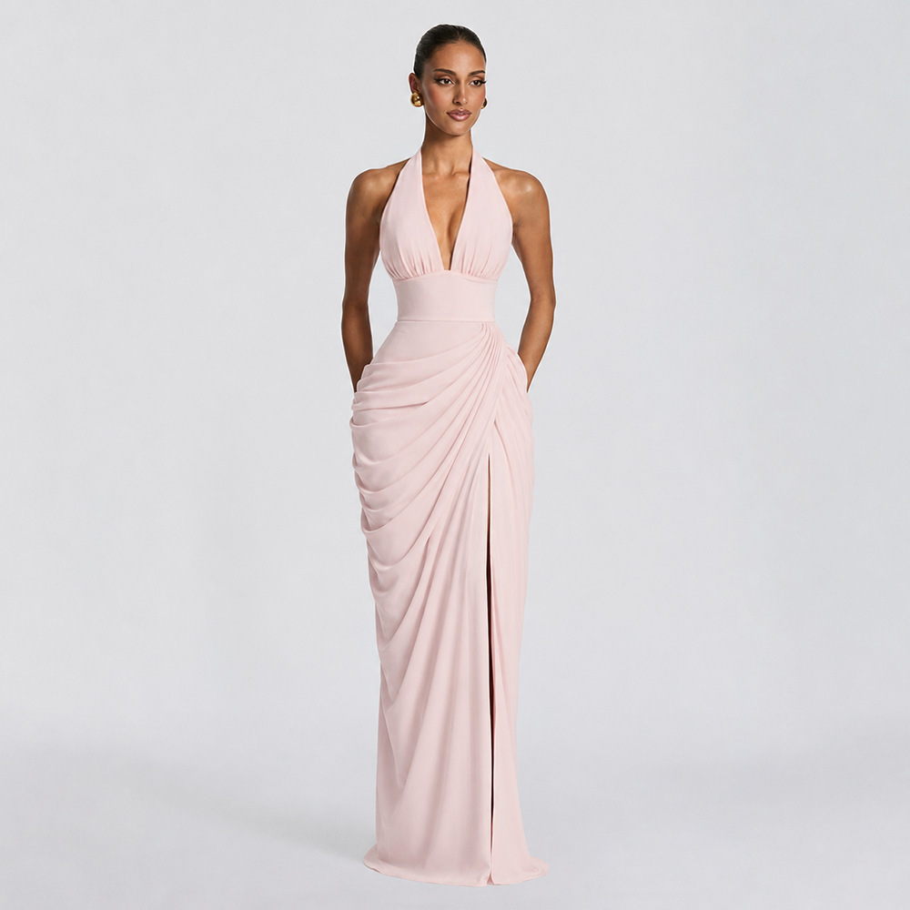 Summer Sexy Halter V Neck Dress, Front Vertical & Diagonal Pleats Elegant Dress