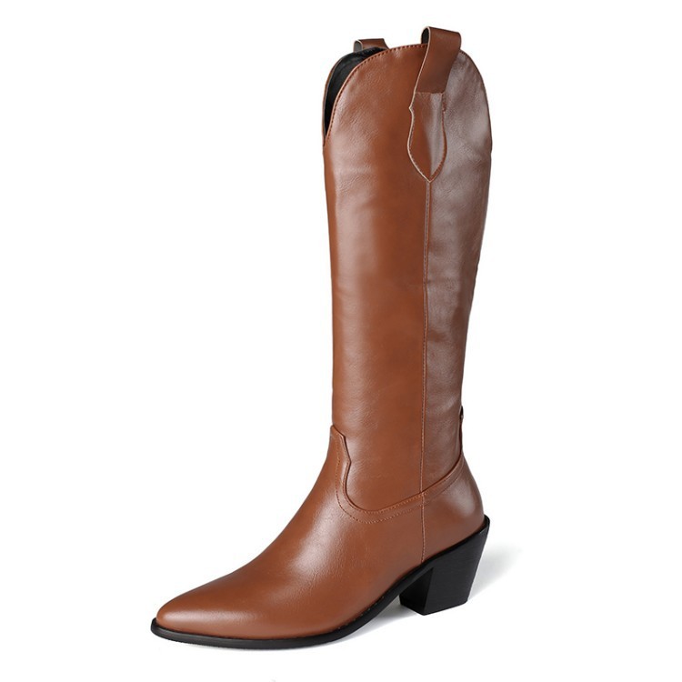 Pointed-toe, thick-heeled women's knee-high boots, riding boots