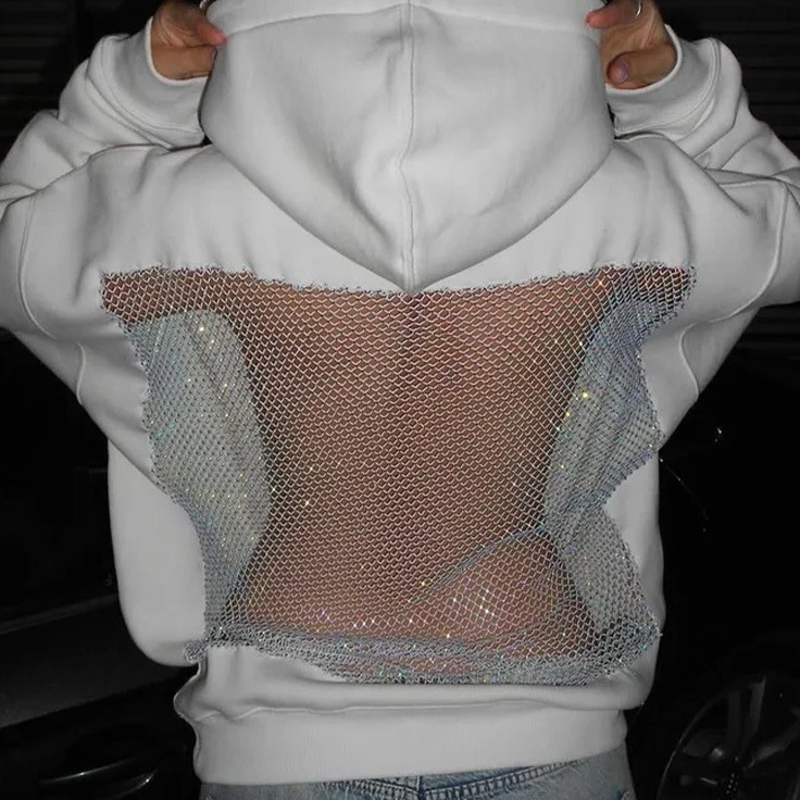 Women Hooded sweatshirts Long Sleeve Pullover Hollow Out Mesh Long Sleeve Sweatshirt