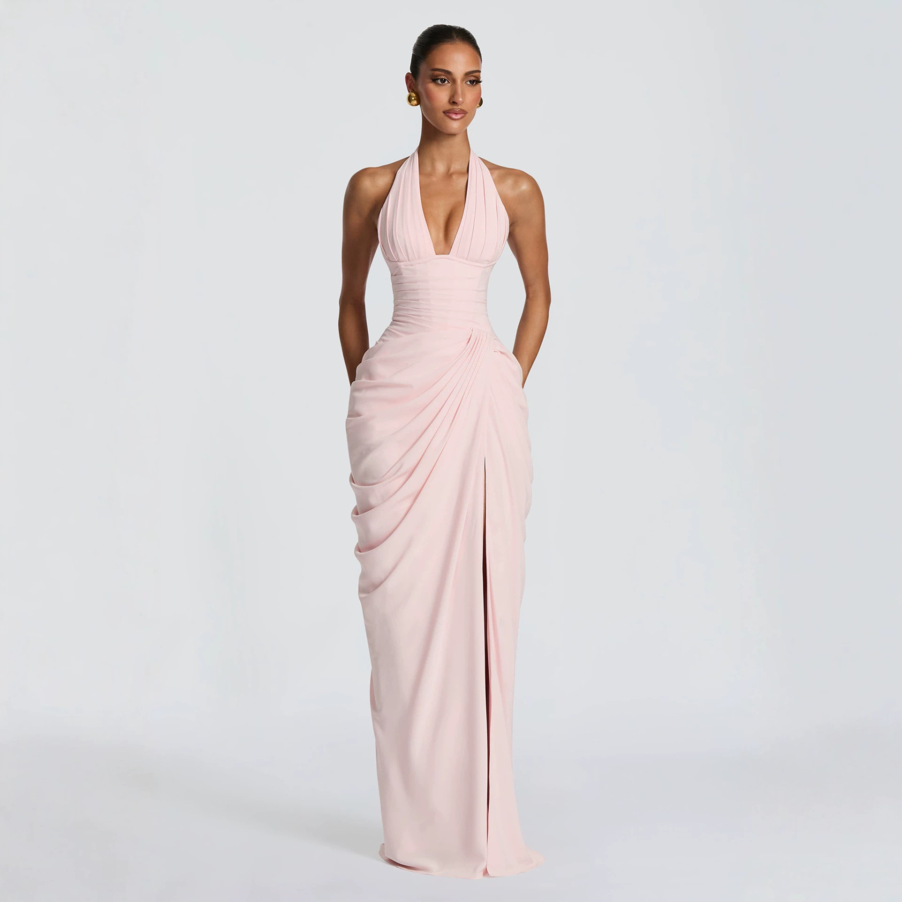 Summer Sexy Halter V Neck Dress, Front Vertical & Diagonal Pleats Elegant Dress