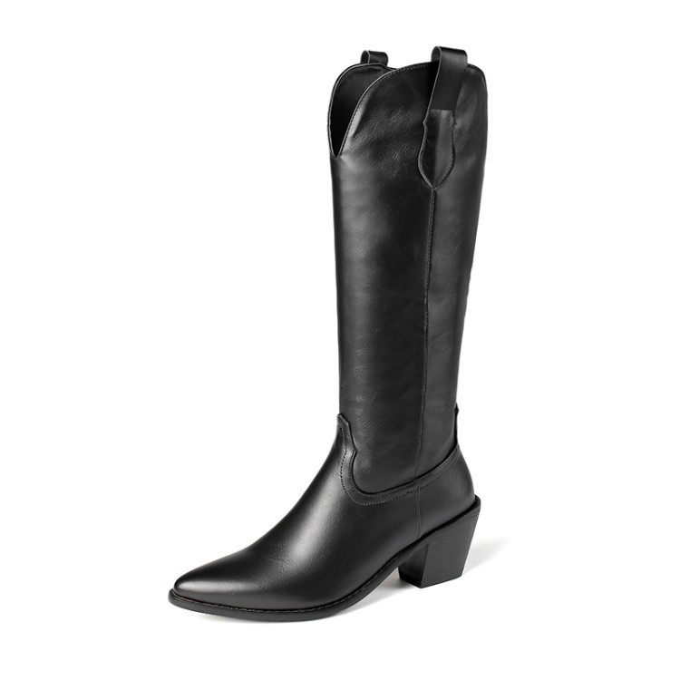 Pointed-toe, thick-heeled women's knee-high boots, riding boots