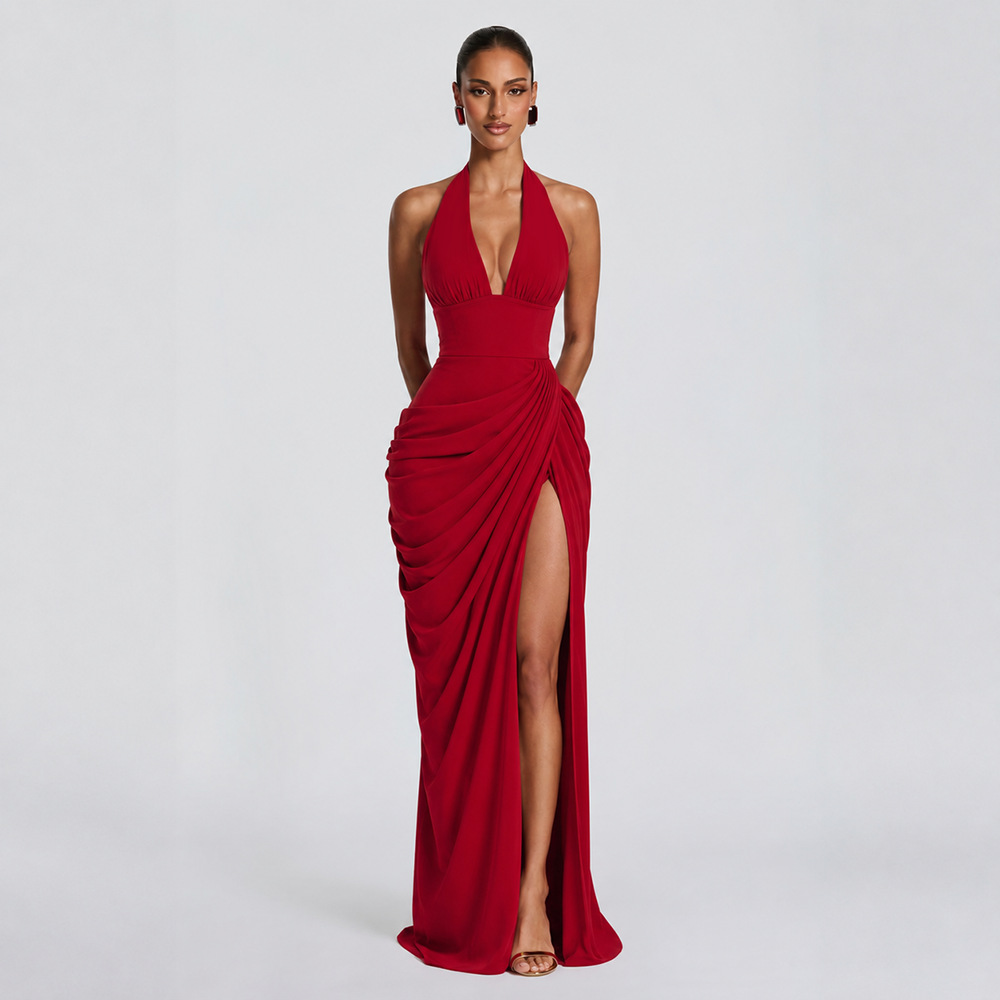 Summer Sexy Halter V Neck Dress, Front Vertical & Diagonal Pleats Elegant Dress