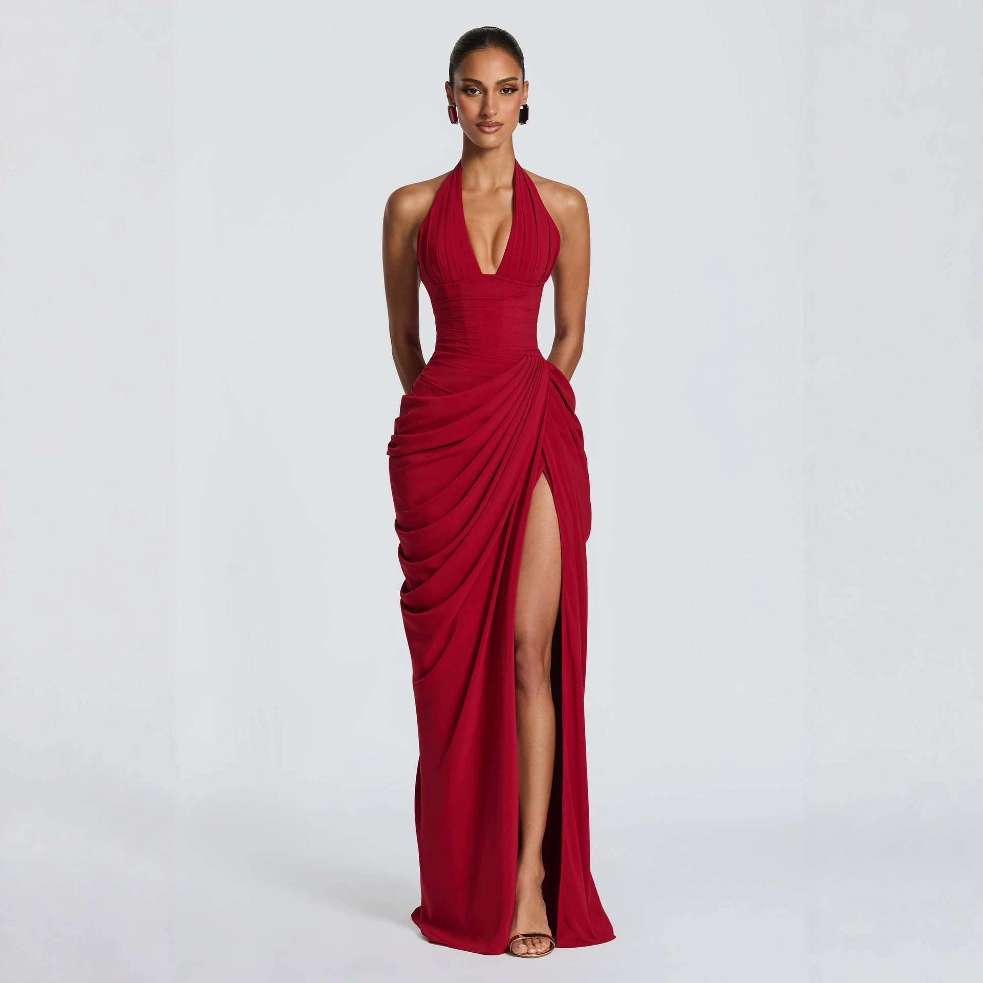 Summer Sexy Halter V Neck Dress, Front Vertical & Diagonal Pleats Elegant Dress