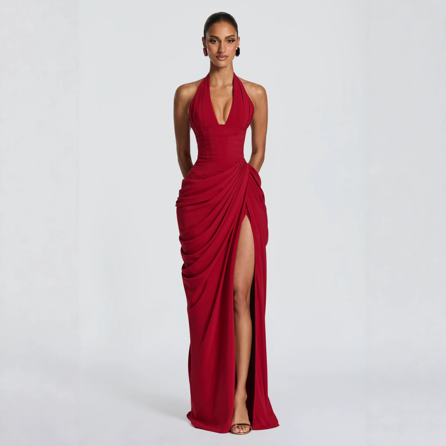 Summer Sexy Halter V Neck Dress, Front Vertical & Diagonal Pleats Elegant Dress