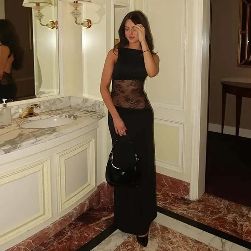 Lace backless long dress with a French-style elegance