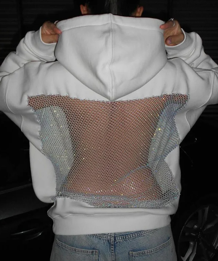 Women Hooded sweatshirts Long Sleeve Pullover Hollow Out Mesh Long Sleeve Sweatshirt