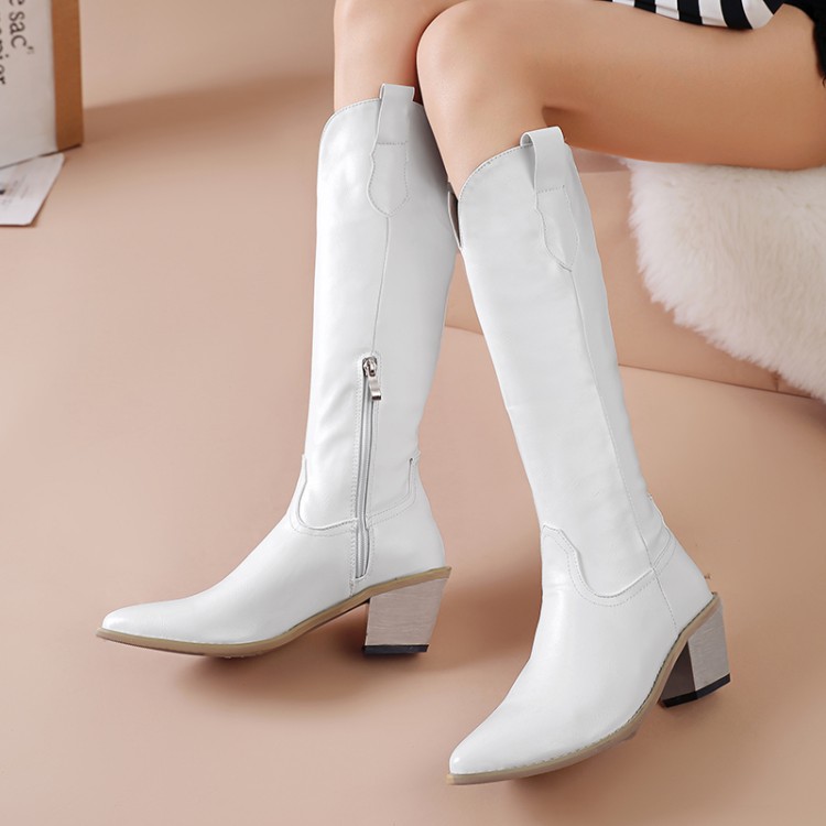 Pointed-toe, thick-heeled women's knee-high boots, riding boots