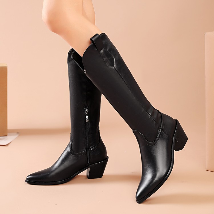 Pointed-toe, thick-heeled women's knee-high boots, riding boots