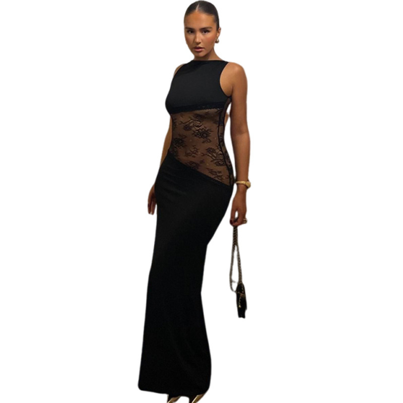 Lace backless long dress with a French-style elegance