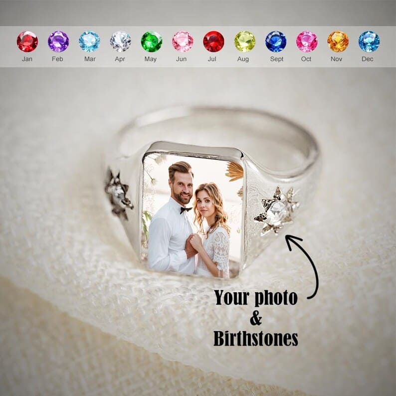 Customizable Photo Birthstone 925 Silver Ring
