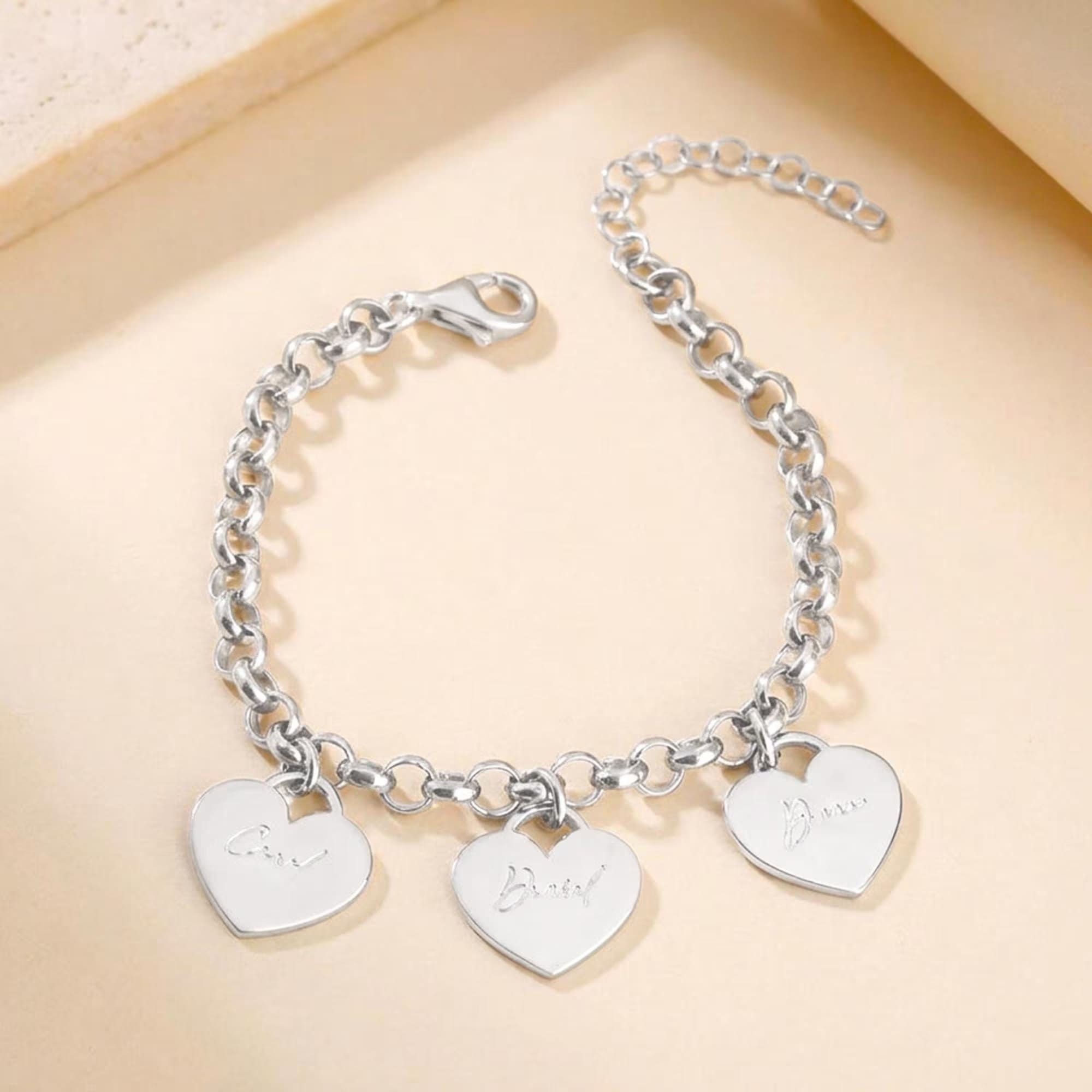 925 Sliver Engraved Heart Charm Bracelet
