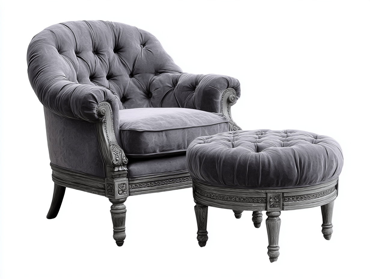 Fauteuil en velours gris sculpté 94x90x105 cm - avec repose-pieds - pieds et accoudoirs en bois sculpté - style baroque-Homelyosa