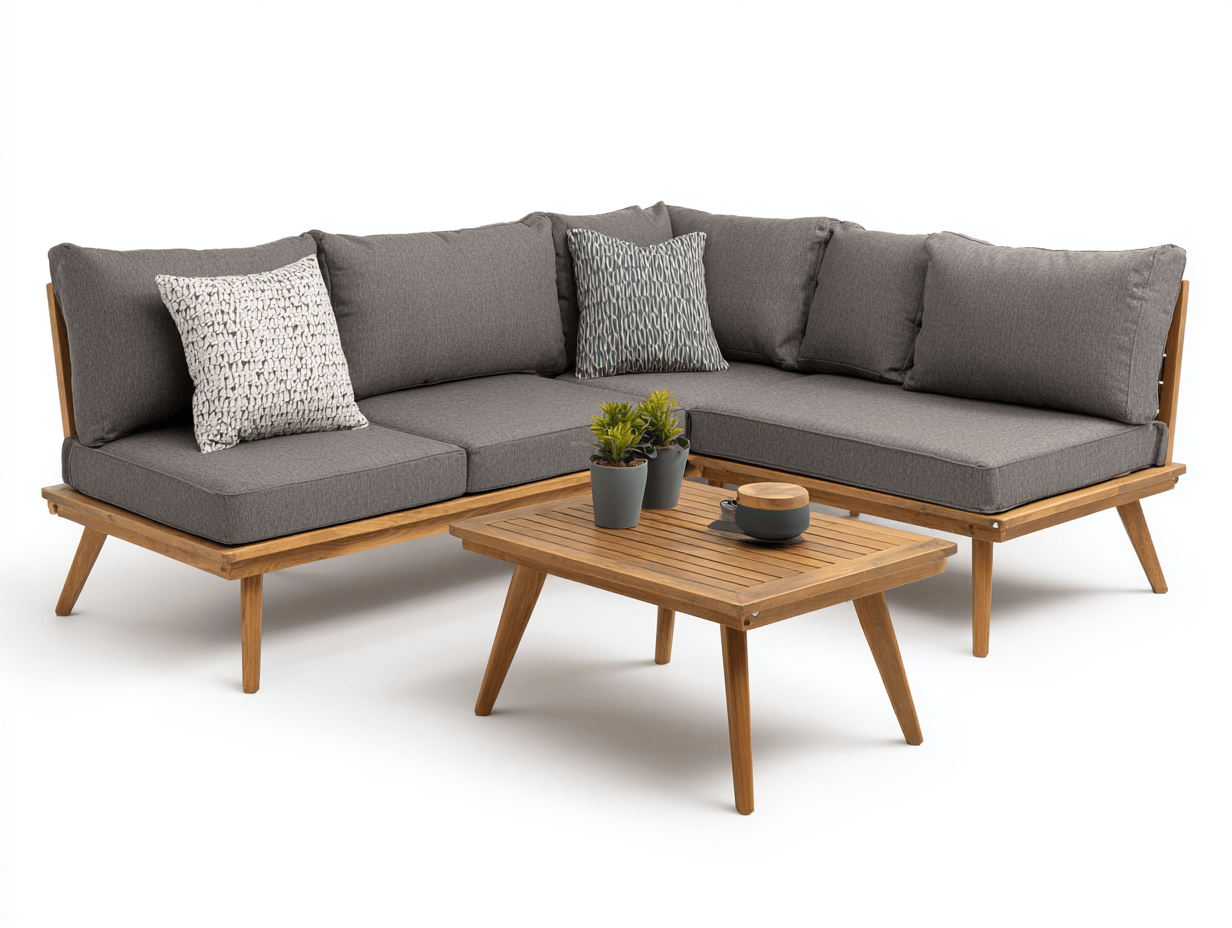 Salon de jardin d'angle en bois de teck avec coussins gris - table basse assortie-Homelyosa