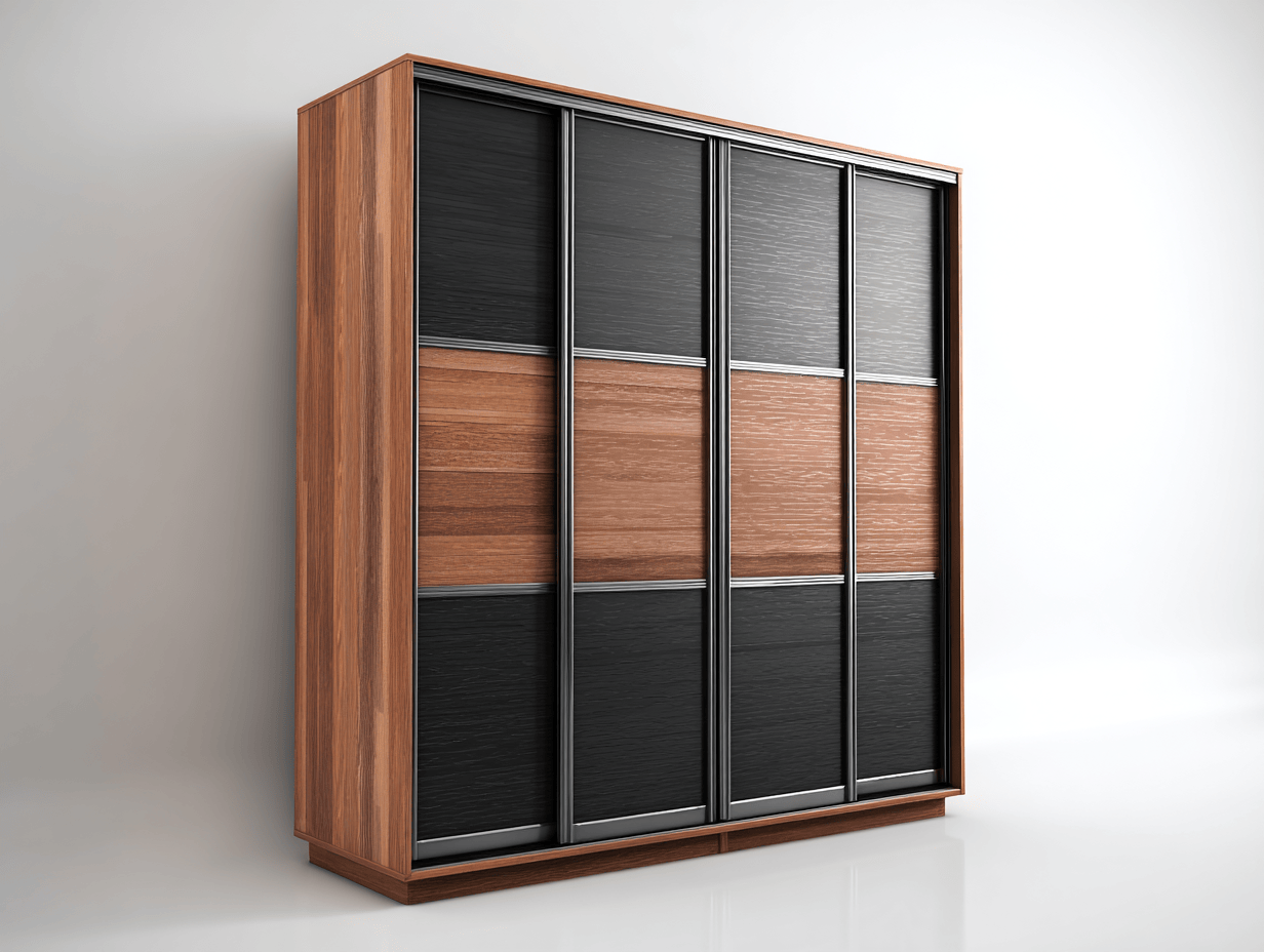 Armoire 4 portes coulissantes - façade bois noir et brun à effet rainuré-Homelyosa