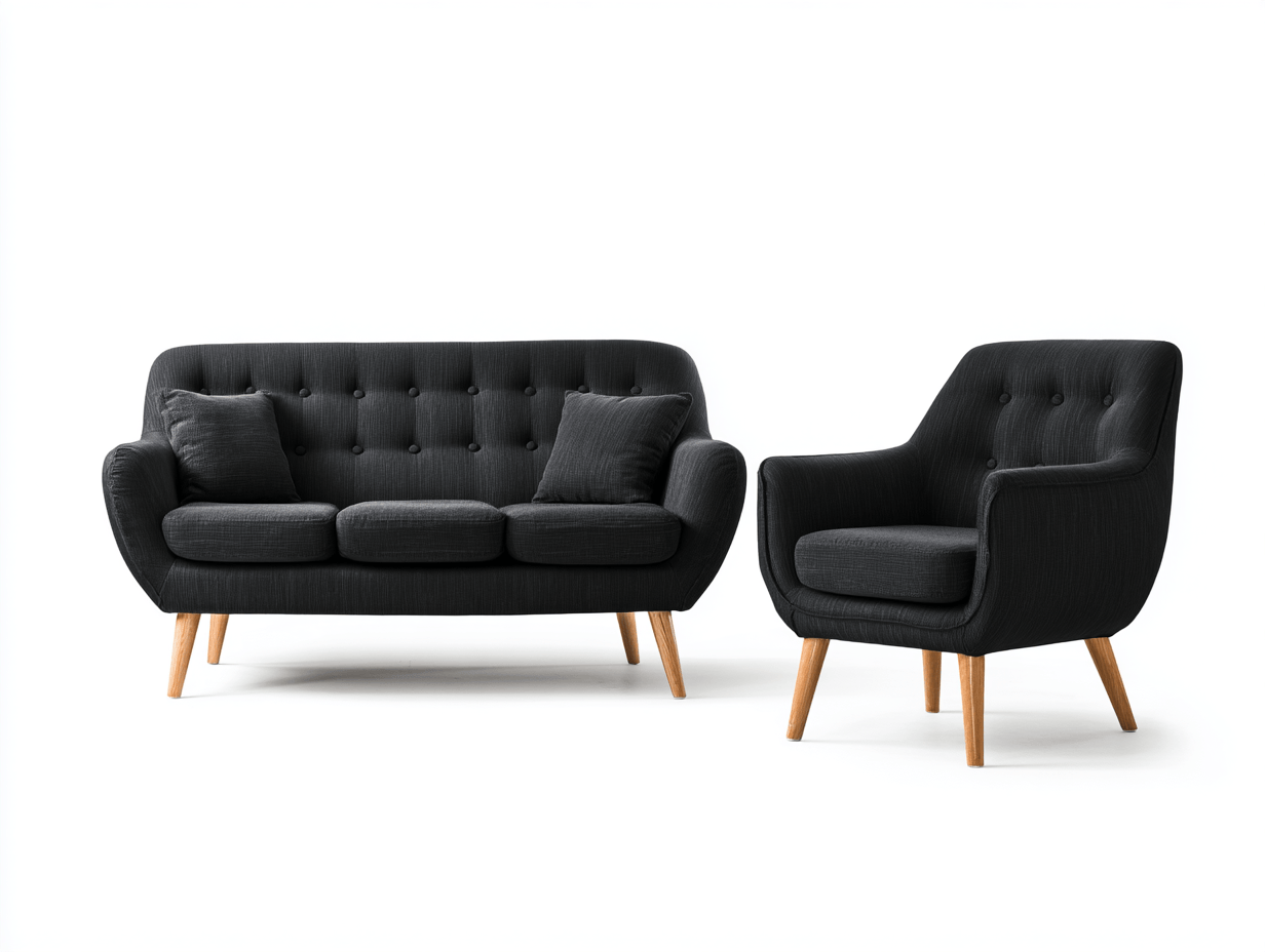 Canapé 3 places et fauteuil en tissu noir - pieds en bois - style scandinave-Homelyosa